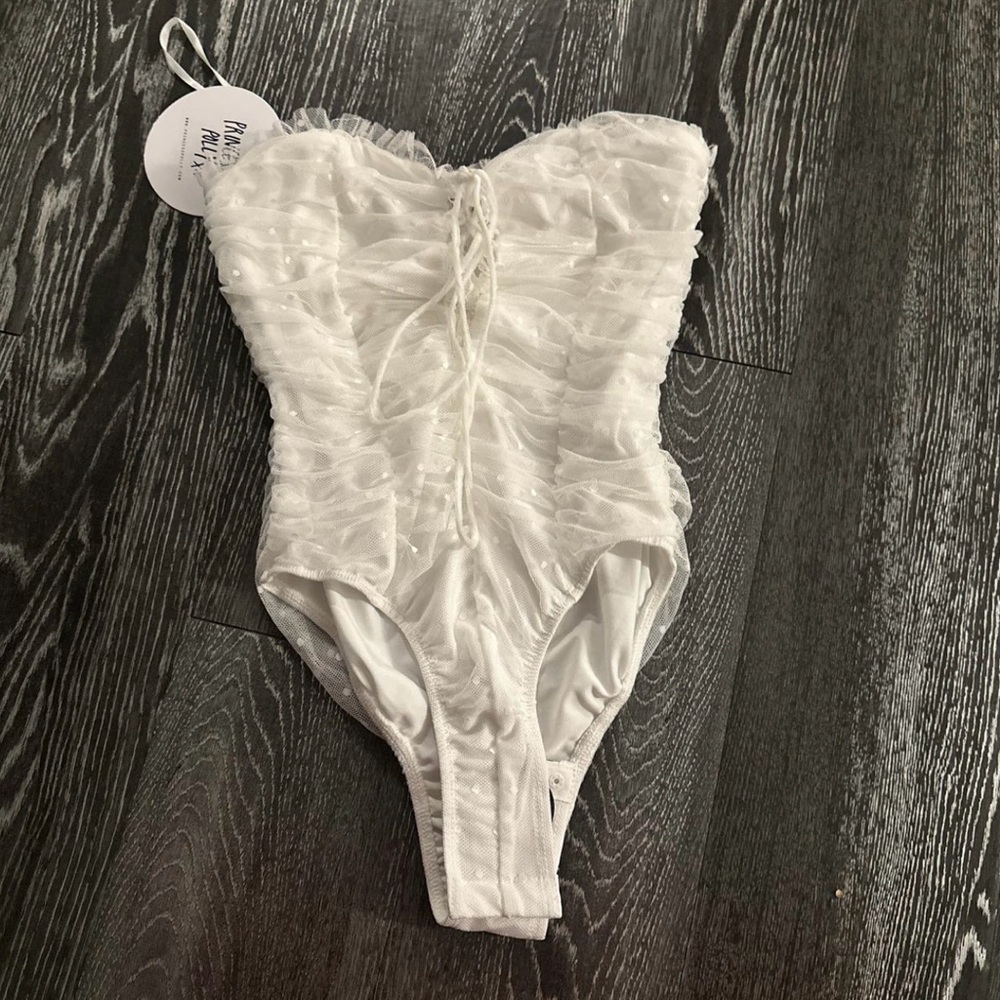 White Ruched Lace-Up Bodysuit
